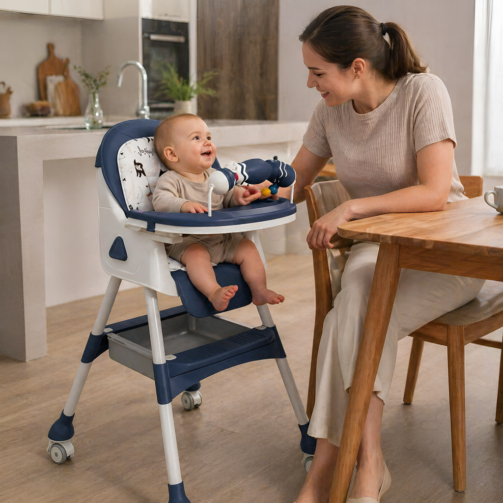 Kids Foldable Adjustable Recline Footrest High Chair With Double Tray And Locking Wheels Gift