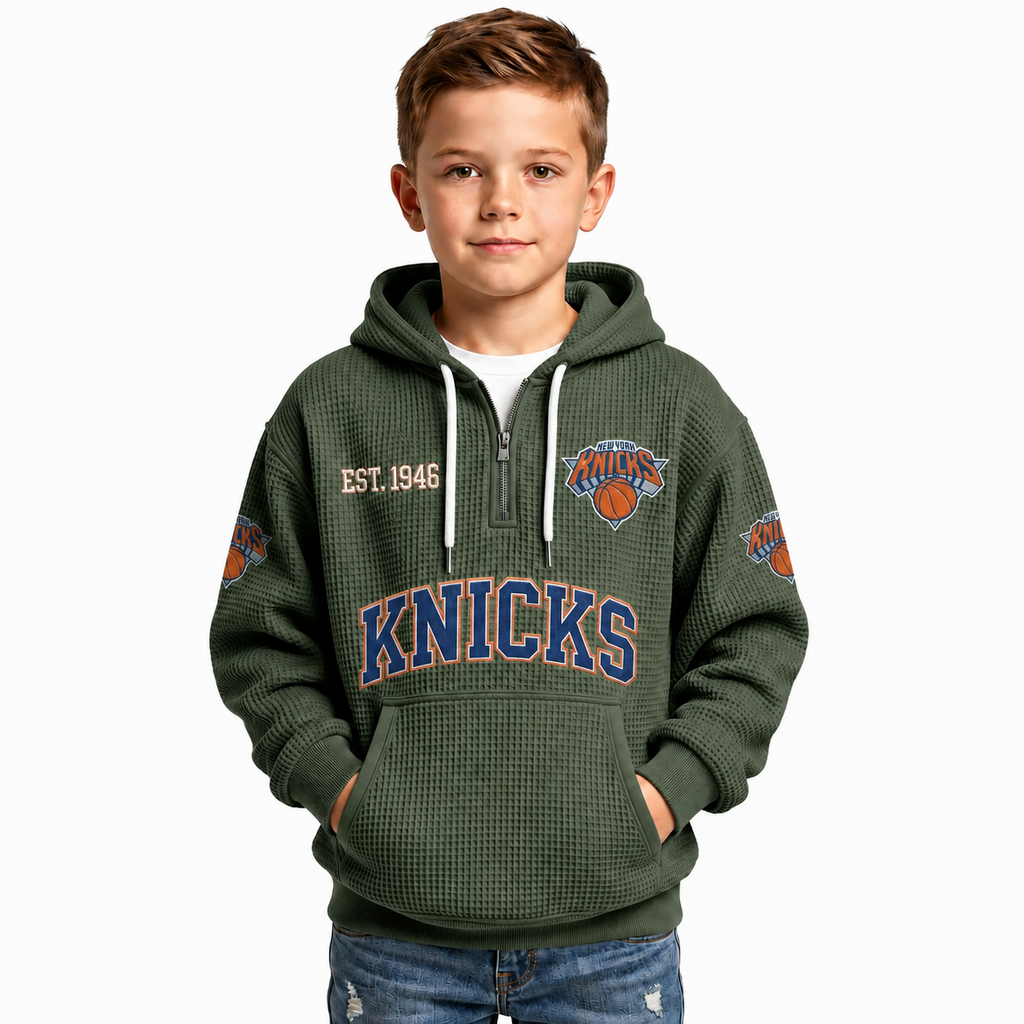 New York Knicks EST 1946 Kids Baseball Fan Printed Waffle Quarter Zip Hoodie