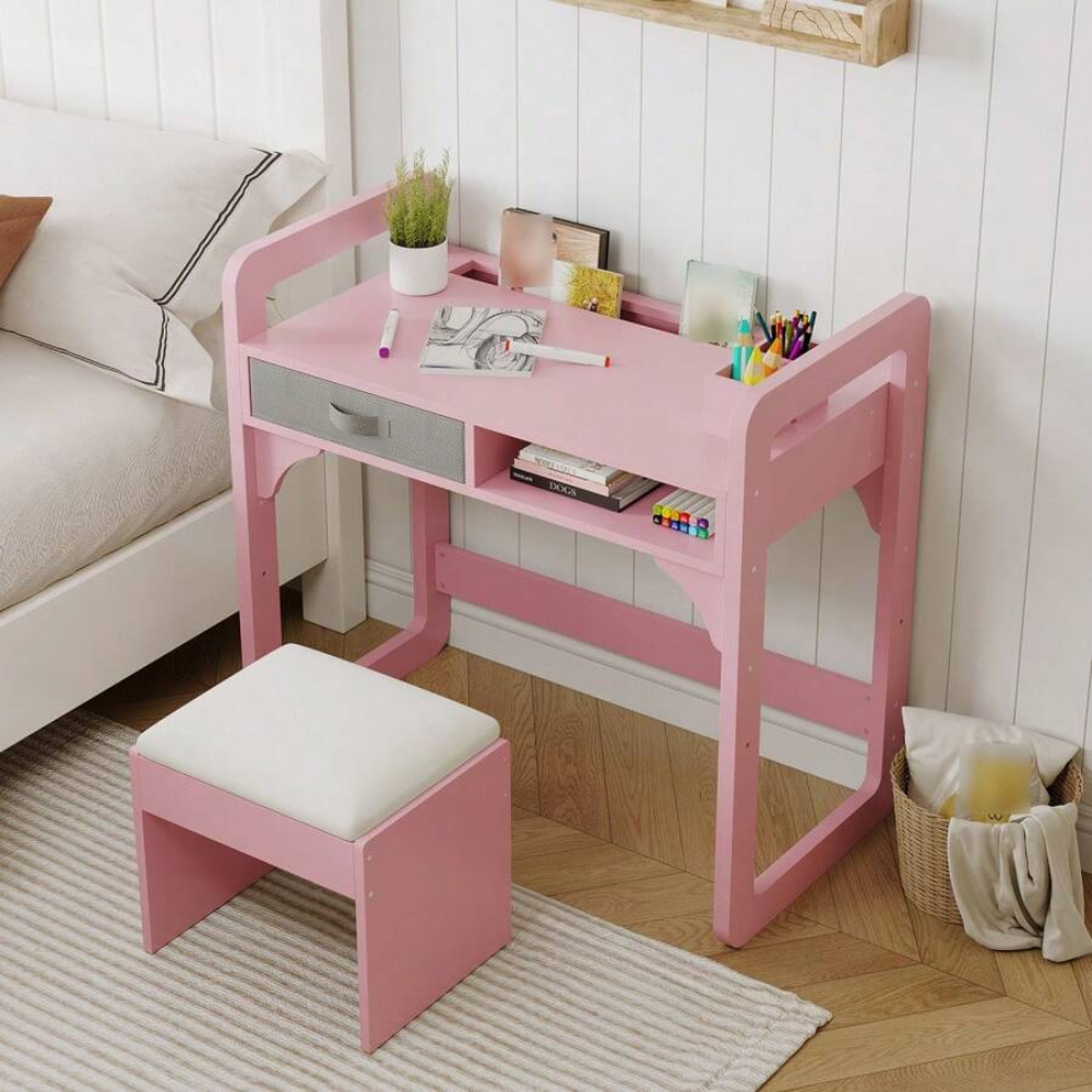 Kids Study Desk And Chair Set With Storage Drawer With Soft Stool