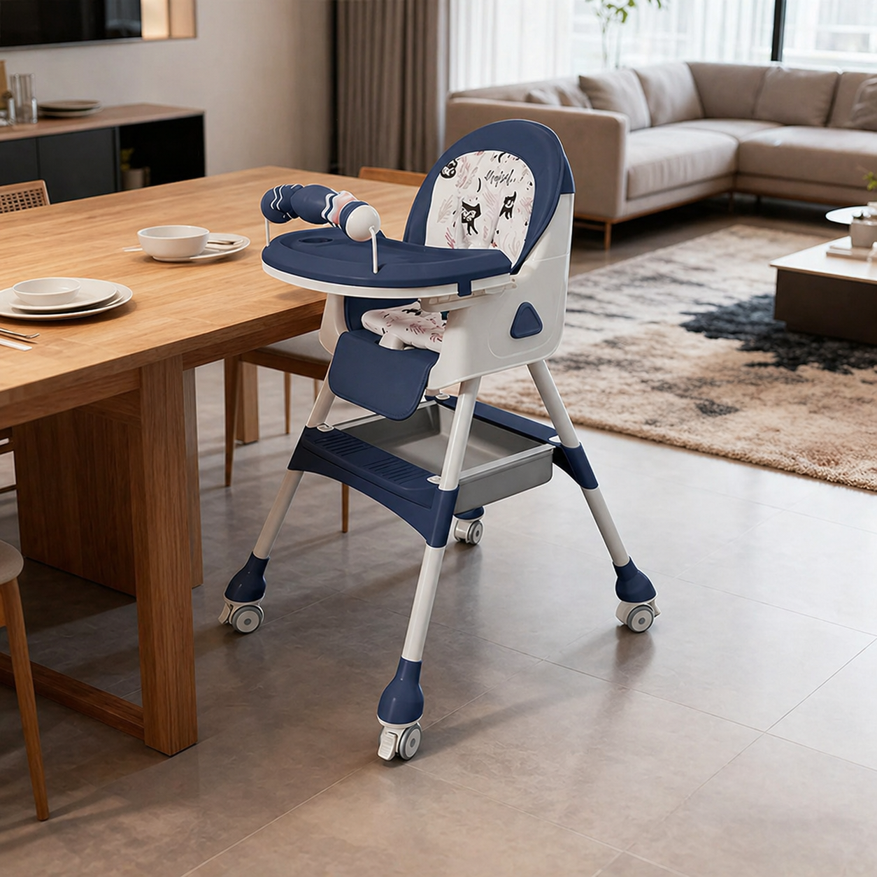 Kids Foldable Adjustable Recline Footrest High Chair With Double Tray And Locking Wheels Gift