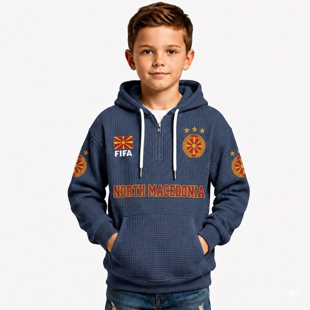 FIFA 2026 North Macedonia Printed Waffle Quarter Zip Kids Football Fan Hoodie