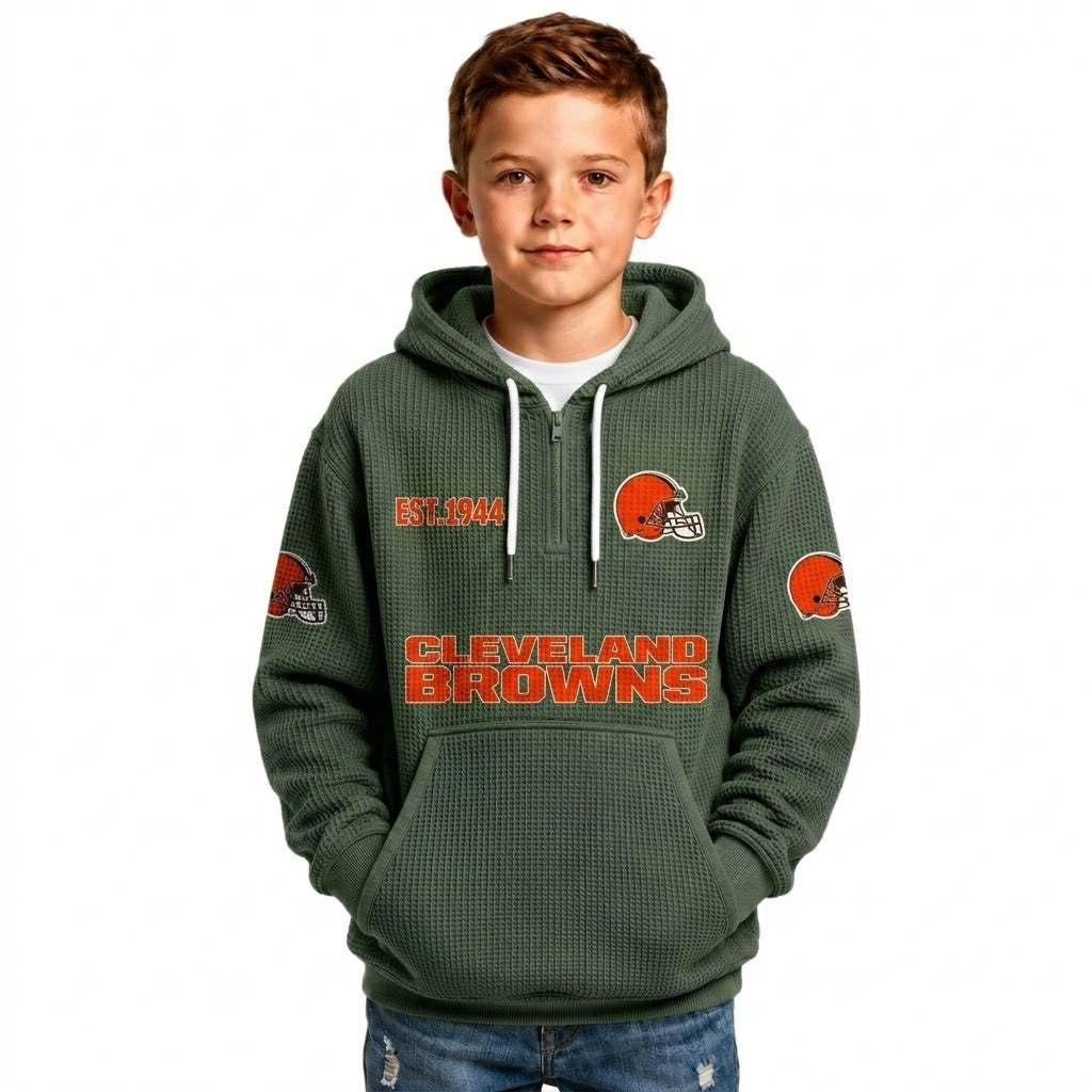 Kids Waffle Quarter Zip Hoodie With Vintage Sports Design