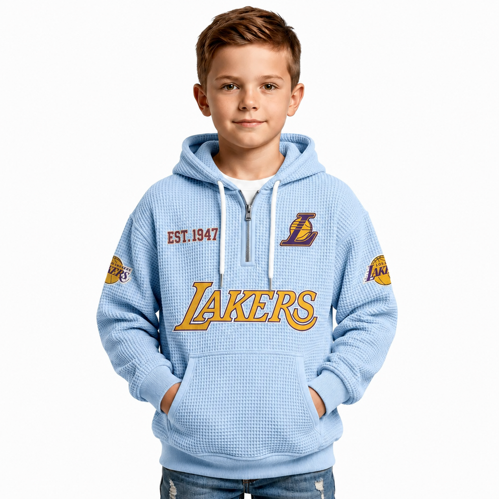 Los Angeles Lakers EST 1947 Kids Baseball Fan Printed Waffle Quarter Zip Hoodie