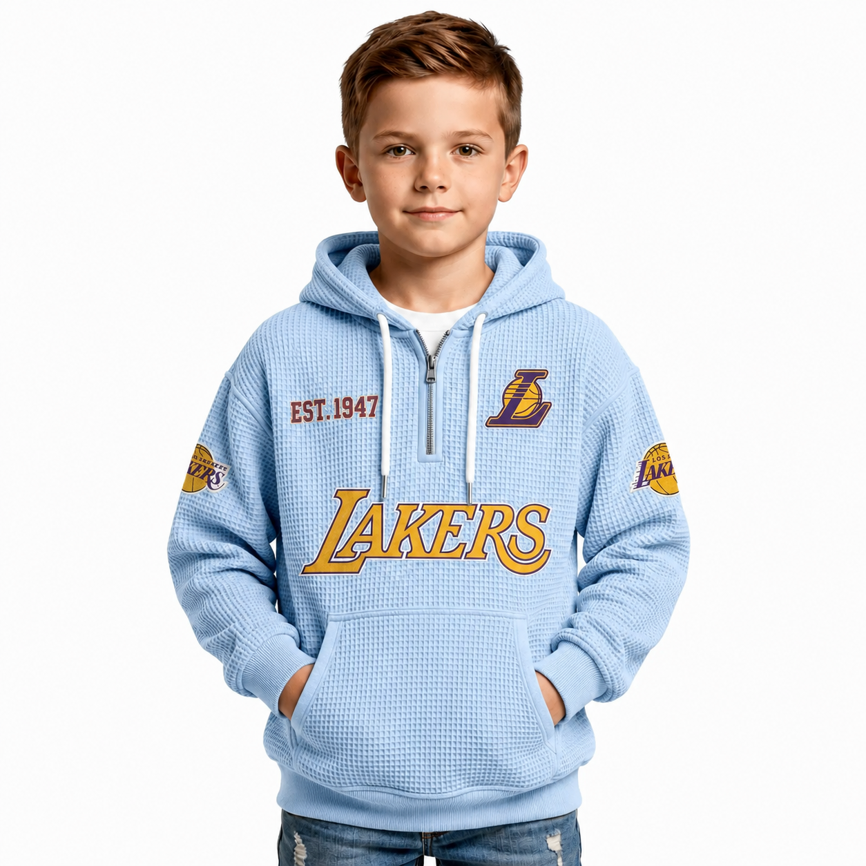 Los Angeles Lakers EST 1947 Kids Baseball Fan Printed Waffle Quarter Zip Hoodie