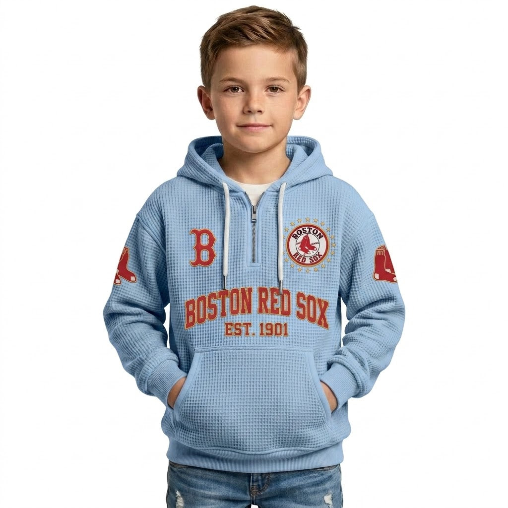 Boston Red Sox EST 1901 Kids Baseball Fan Printed Waffle Quarter Zip Hoodie
