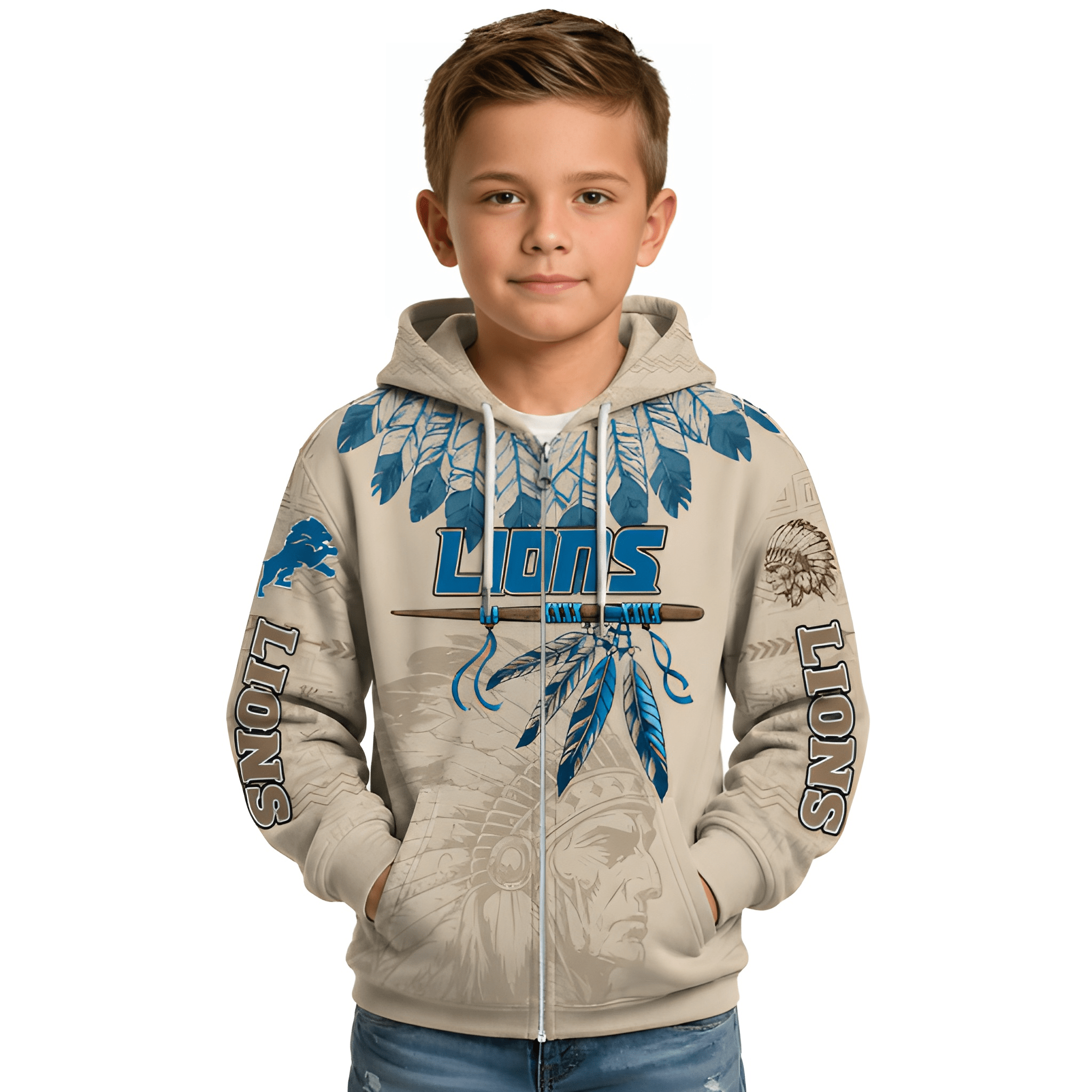 Personalized Detroit Lions Football Themed Zipper Kids Hoodie