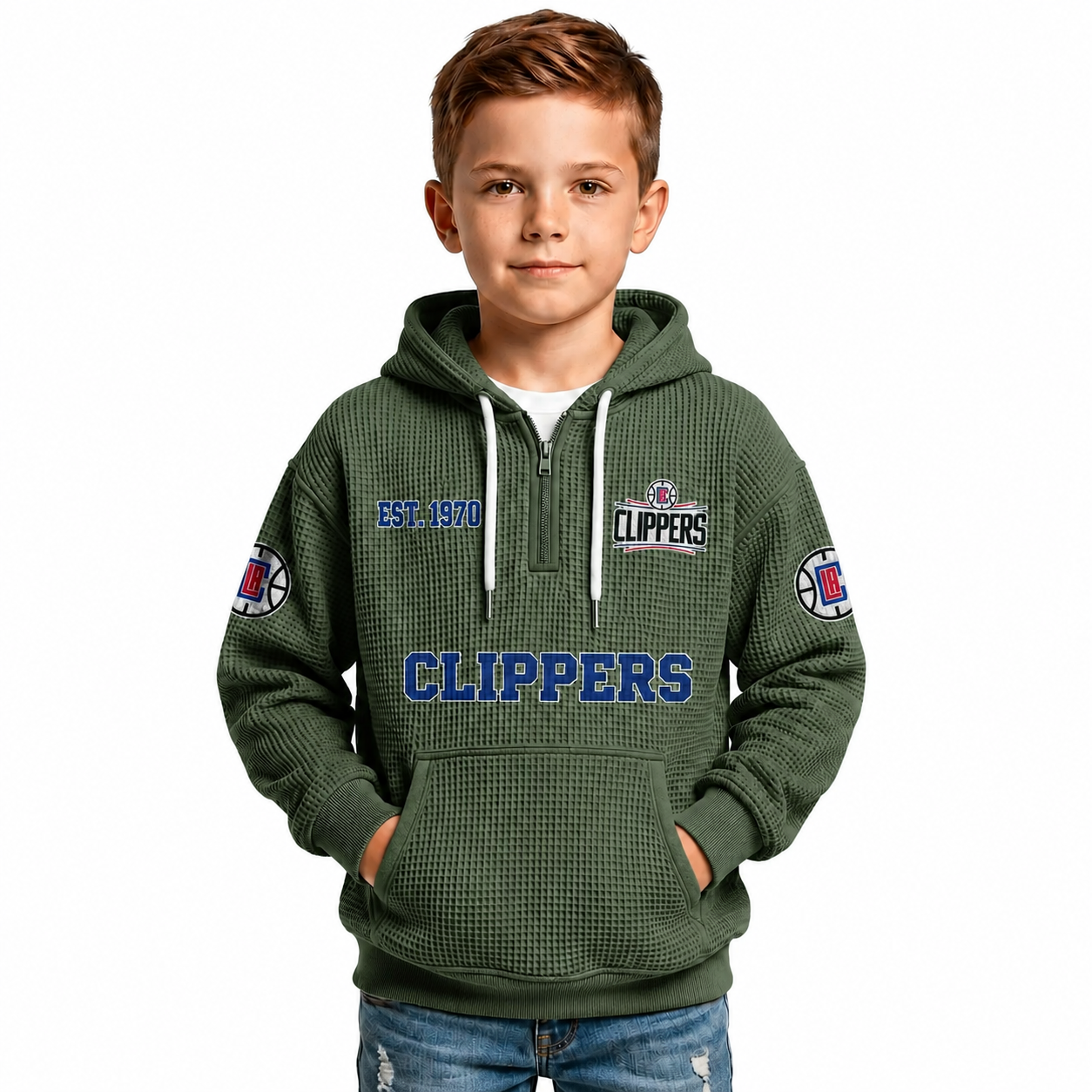 LA Clippers EST 1970 Kids Basketball Fan Printed Waffle Quarter Zip Hoodie