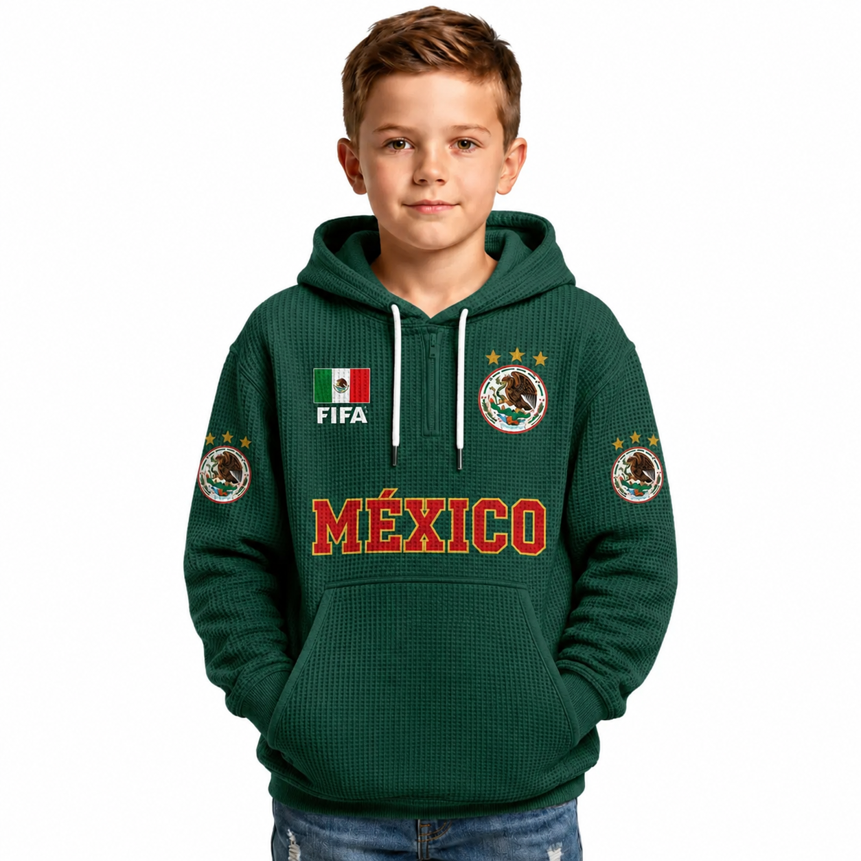 FIFA 2026 Mexico Printed Waffle Quarter Zip Kids Football Fan Hoodie