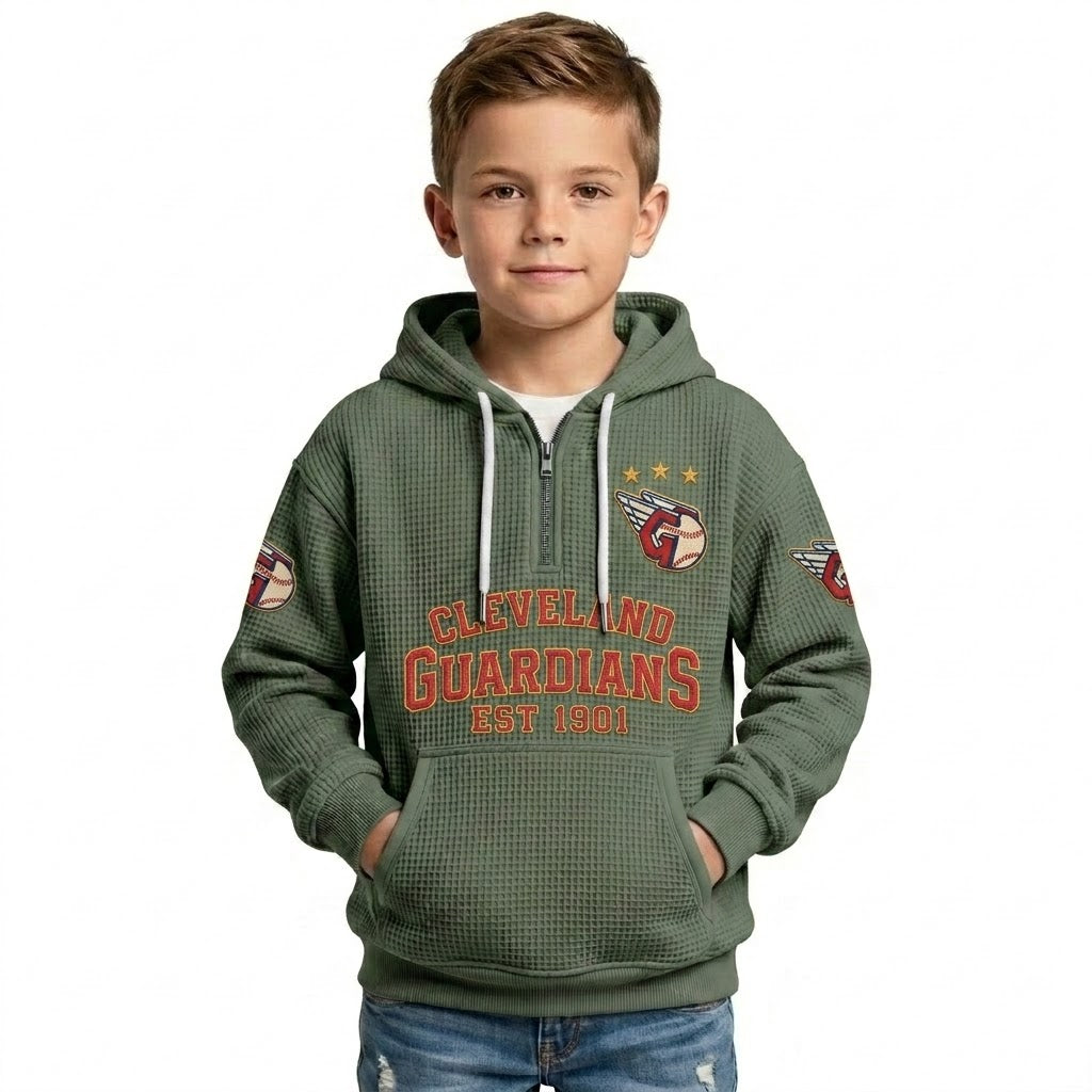 Cleveland Guardians EST 1901 Kids Baseball Fan Printed Waffle Quarter Zip Hoodie