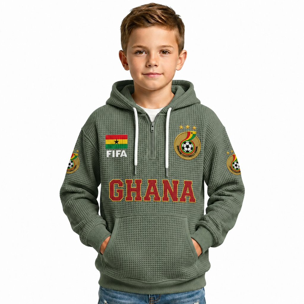 FIFA 2026 Ghana Printed Waffle Quarter Zip Kids Football Fan Hoodie