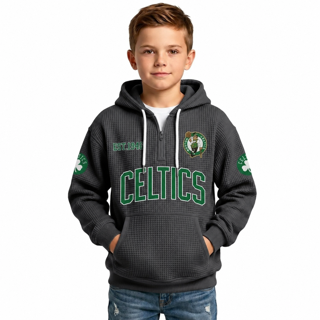 Boston Celtics EST 1946 Kids Baseball Fan Printed Waffle Quarter Zip Hoodie
