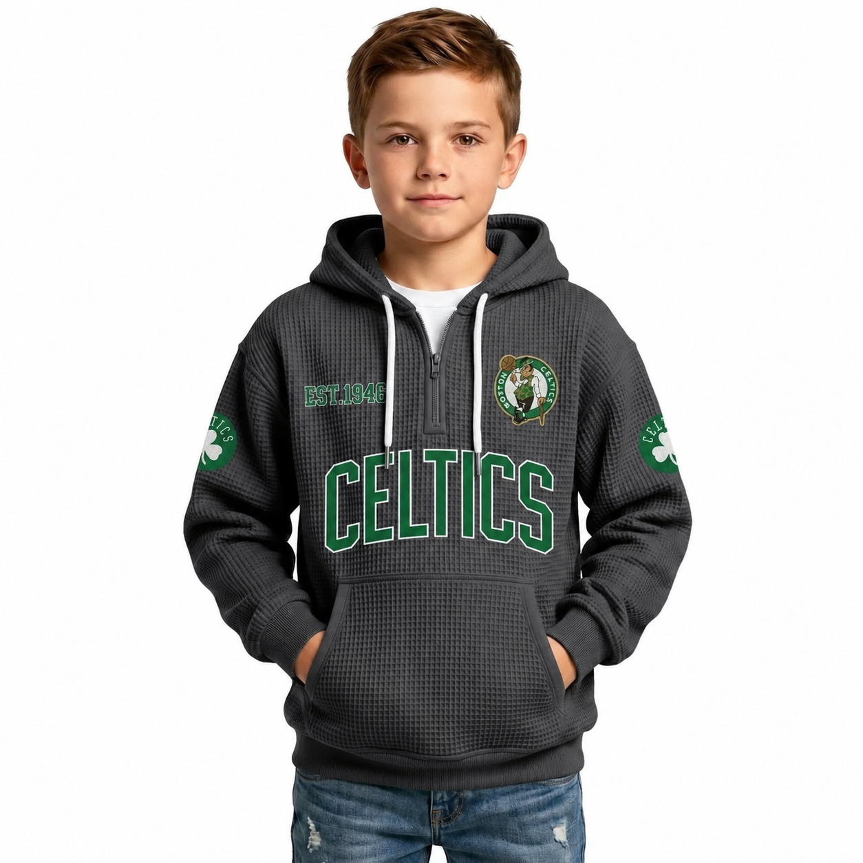 Boston Celtics EST 1946 Kids Baseball Fan Printed Waffle Quarter Zip Hoodie
