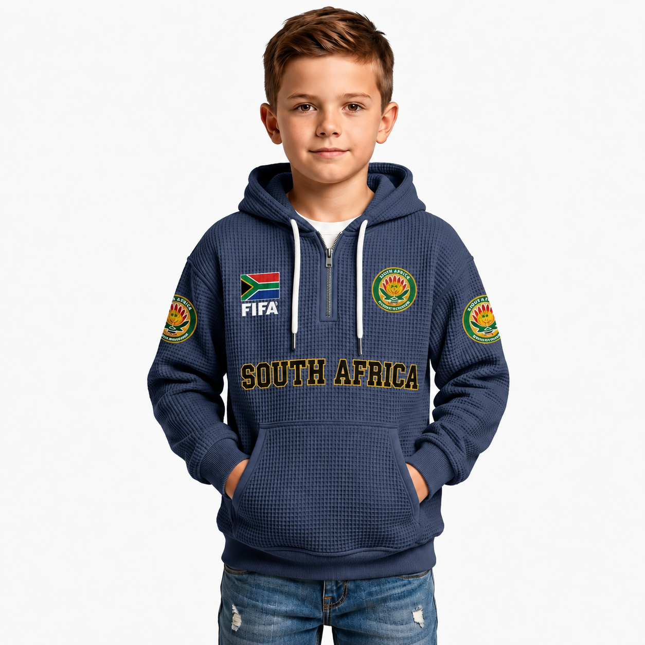 FIFA 2026 South Africa Printed Waffle Quarter Zip Kids Football Fan Hoodie