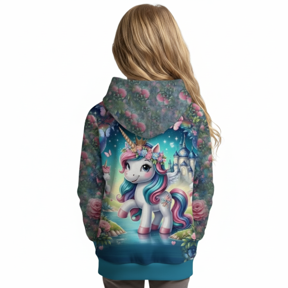Girls Unicorn And Flower Print Hooded Sweatshirt