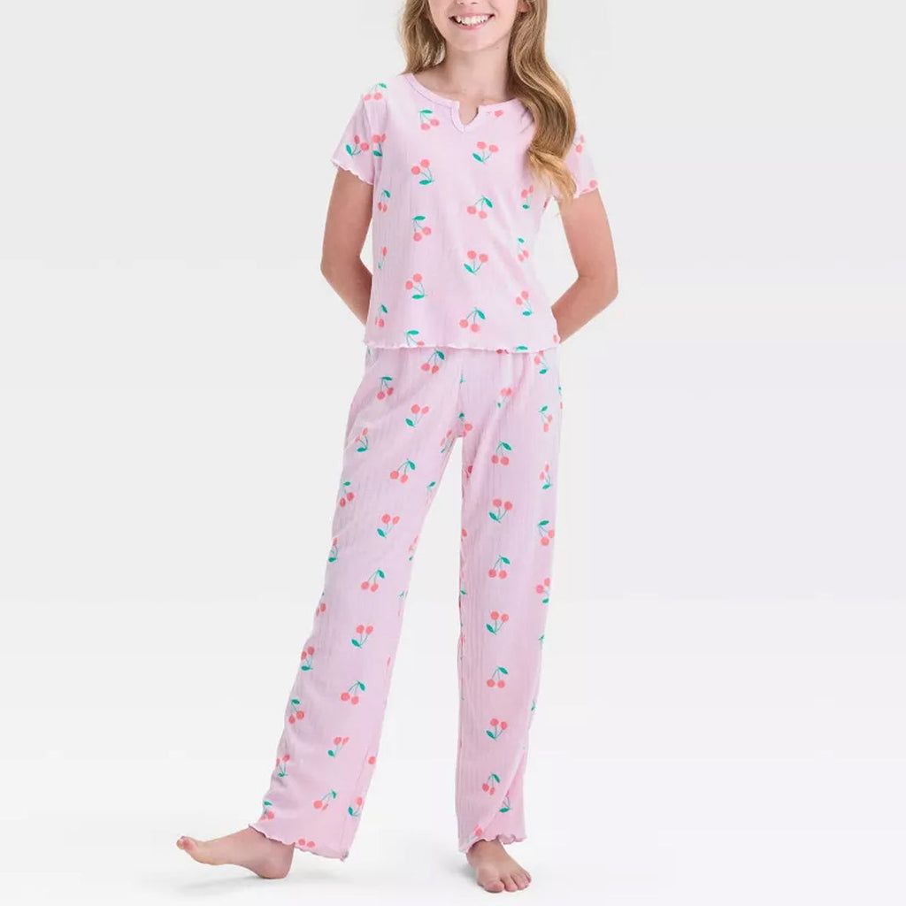 2 Piece Cherry Print Short Sleeve Top And Pajama Set