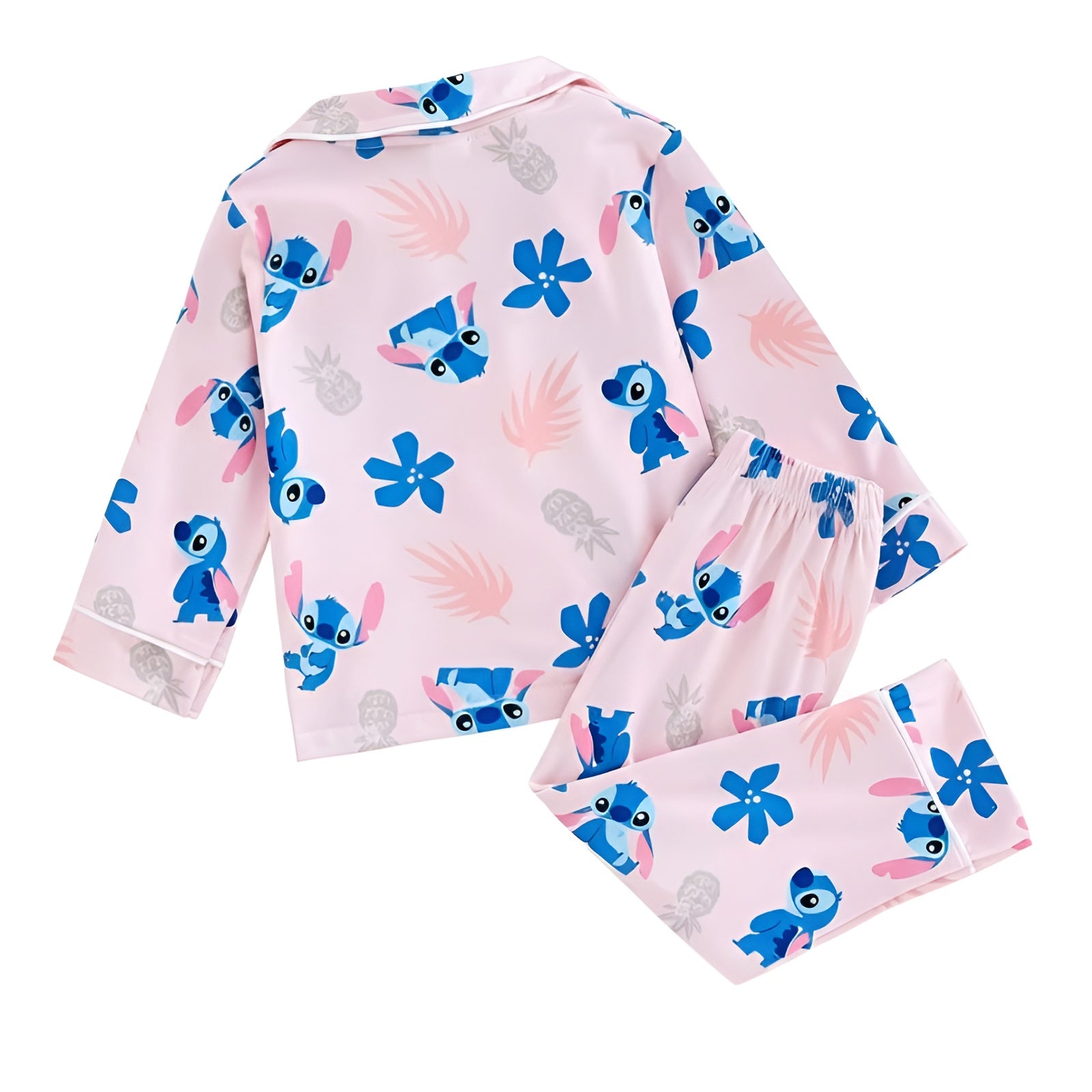 Girls Stitch Printed Pajama Set With Button And Top