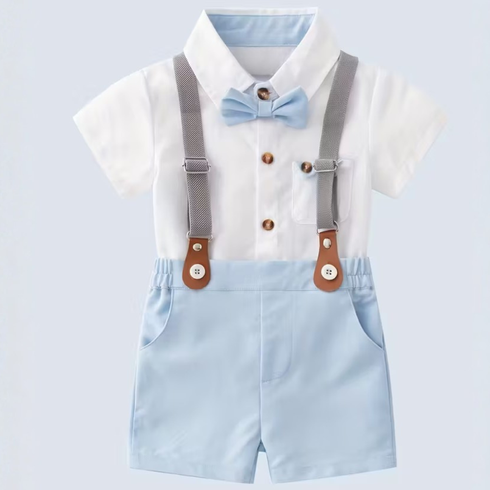 Baby Boys Suspenders Outfit With Bow Tie Shirt And Shorts Set