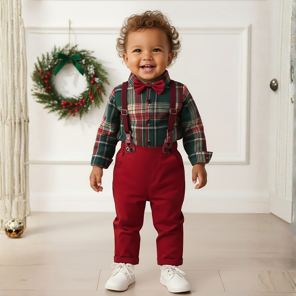 Boys Two Piece Set With Bow Tie Design Plaid Shirt And Long Pants
