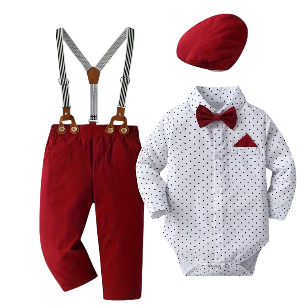 Baby Boys 3 Piece Of Long Sleeve Shirt And Suspender Pants With Hat Set