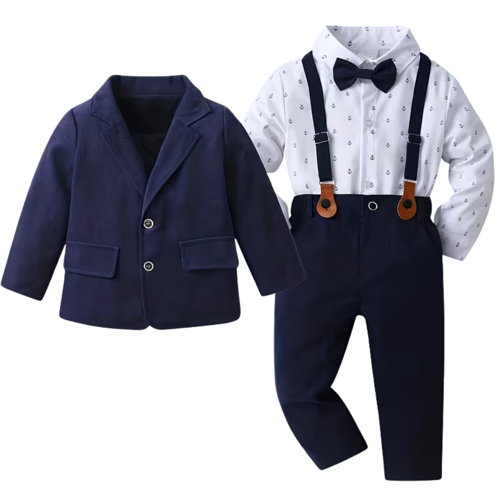Boys Three Piece Gentleman Suit With Printed Shirt Pants And Blazer