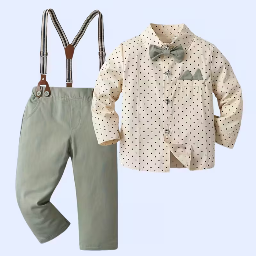 Boys Gentleman Outfit Set With Long Sleeve Shirt With Bow Tie And Suspenders