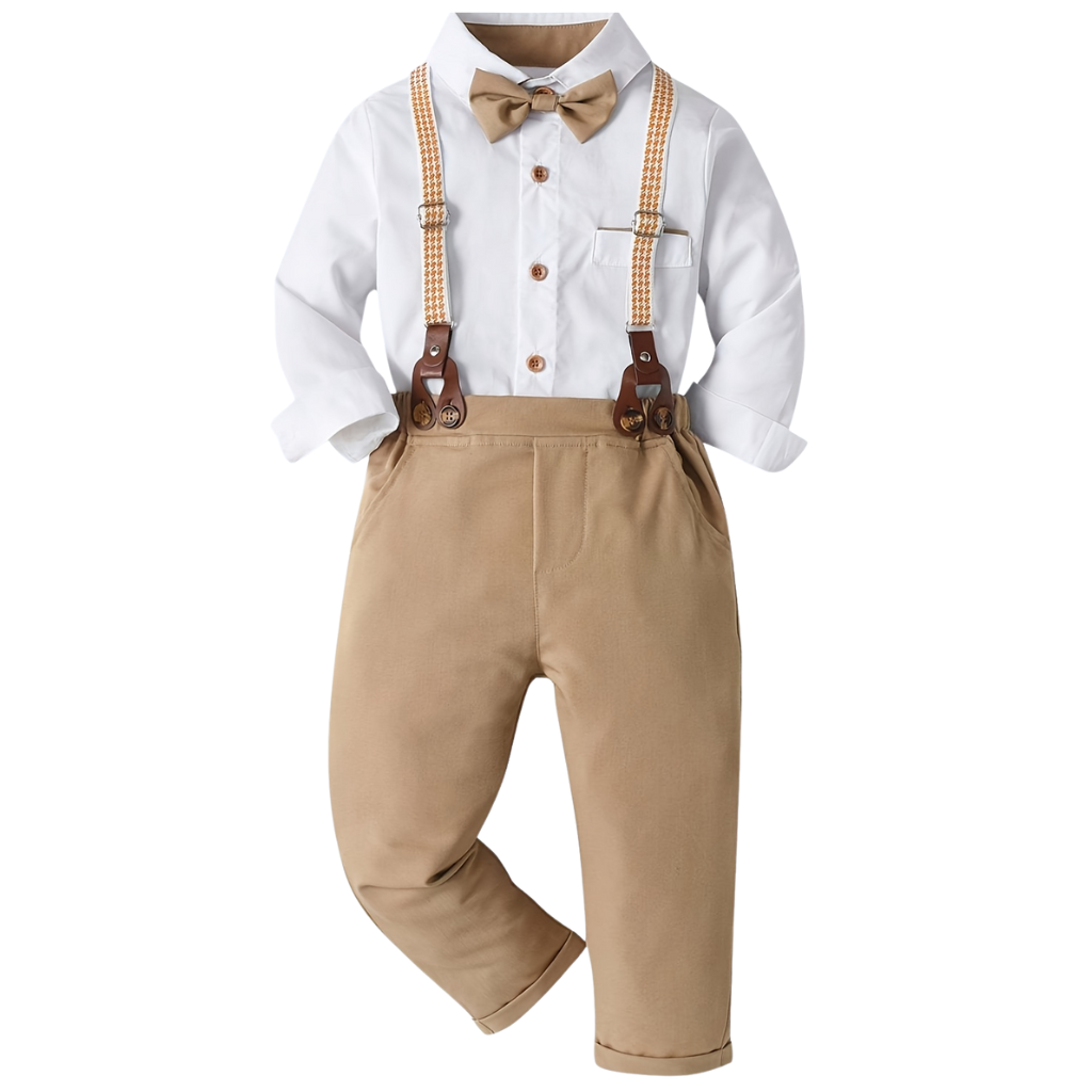 Boys Long Sleeve Button Shirt With Bow Tie And Suspender Pant Set