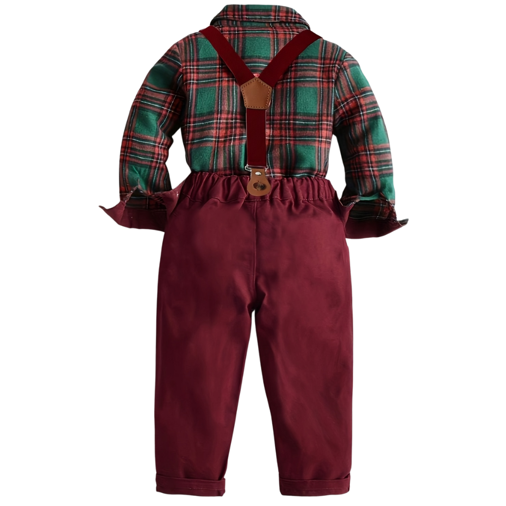 Plaid Long Sleeve Shirt And Trouser With Suspenders Set