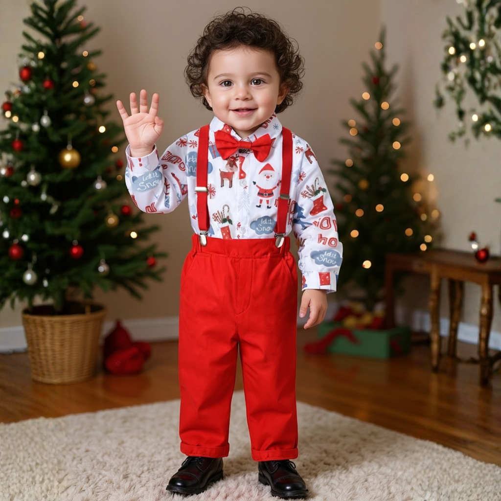 Baby Boys Christmas Festive Printed Shirt And Suspender Pants Outfit Set With Bow Tie