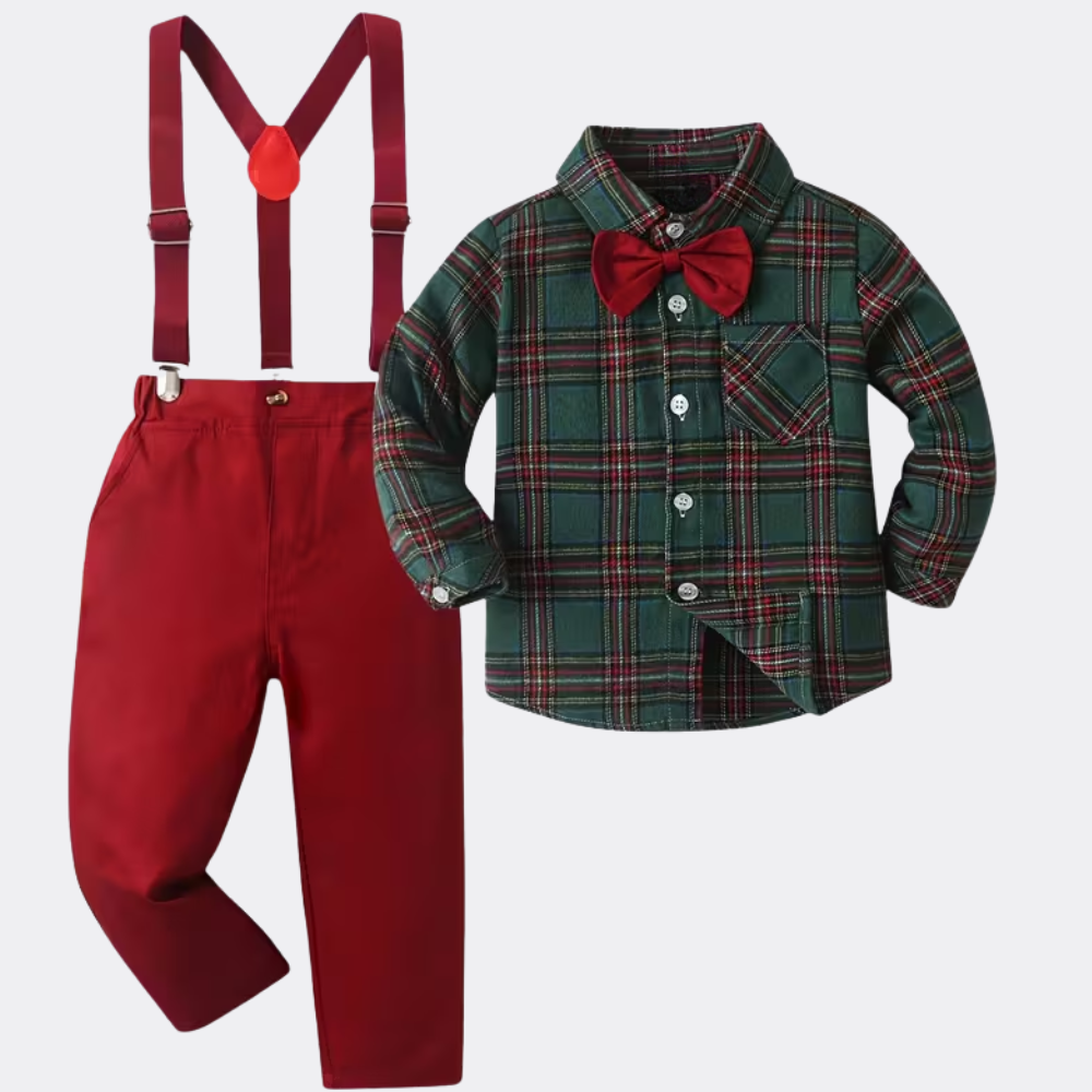 Baby Boys Plaid Shirt With Bow Tie And Suspender Pants 2 Piece Set
