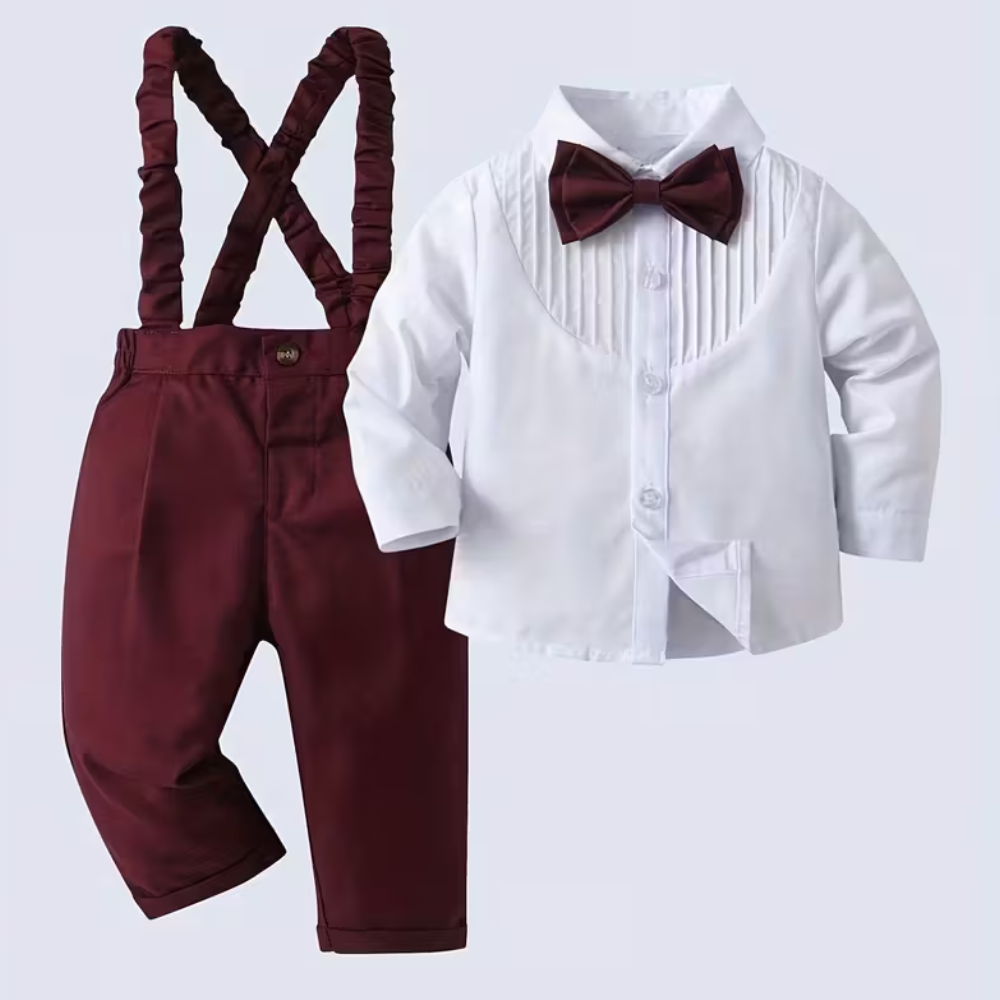 Boys 2 Piece Long Sleeve Shirt With Bow Tie And Suspenders Set