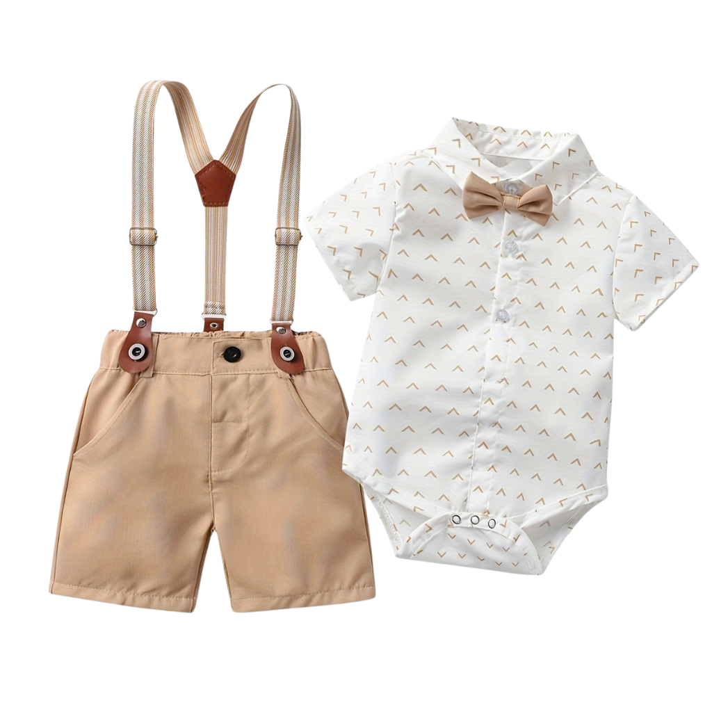 2 Piece Short Sleeved Collared Shirt With Shorts Bow Tie Set