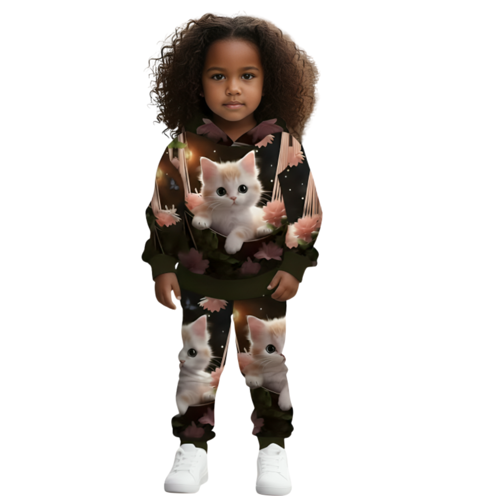 Furry Kitten Printed Hooded Sweatshirt And Pants Set