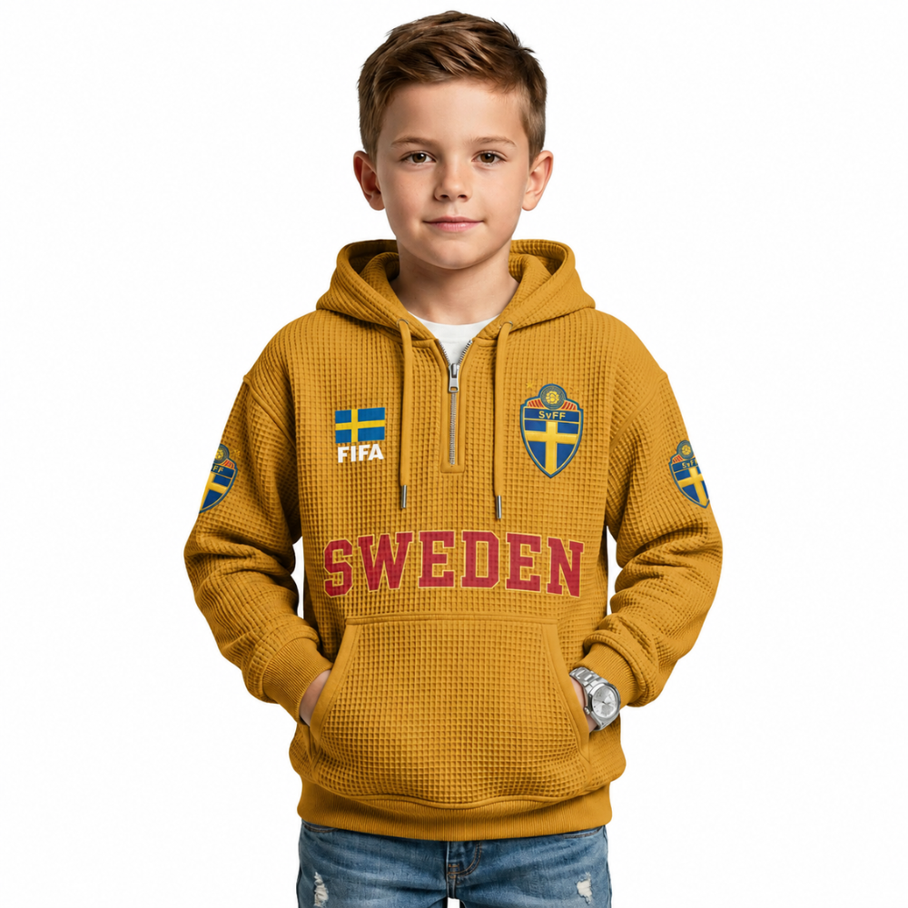 FIFA 2026 Sweden Printed Waffle Quarter Zip Kids Football Fan Hoodie