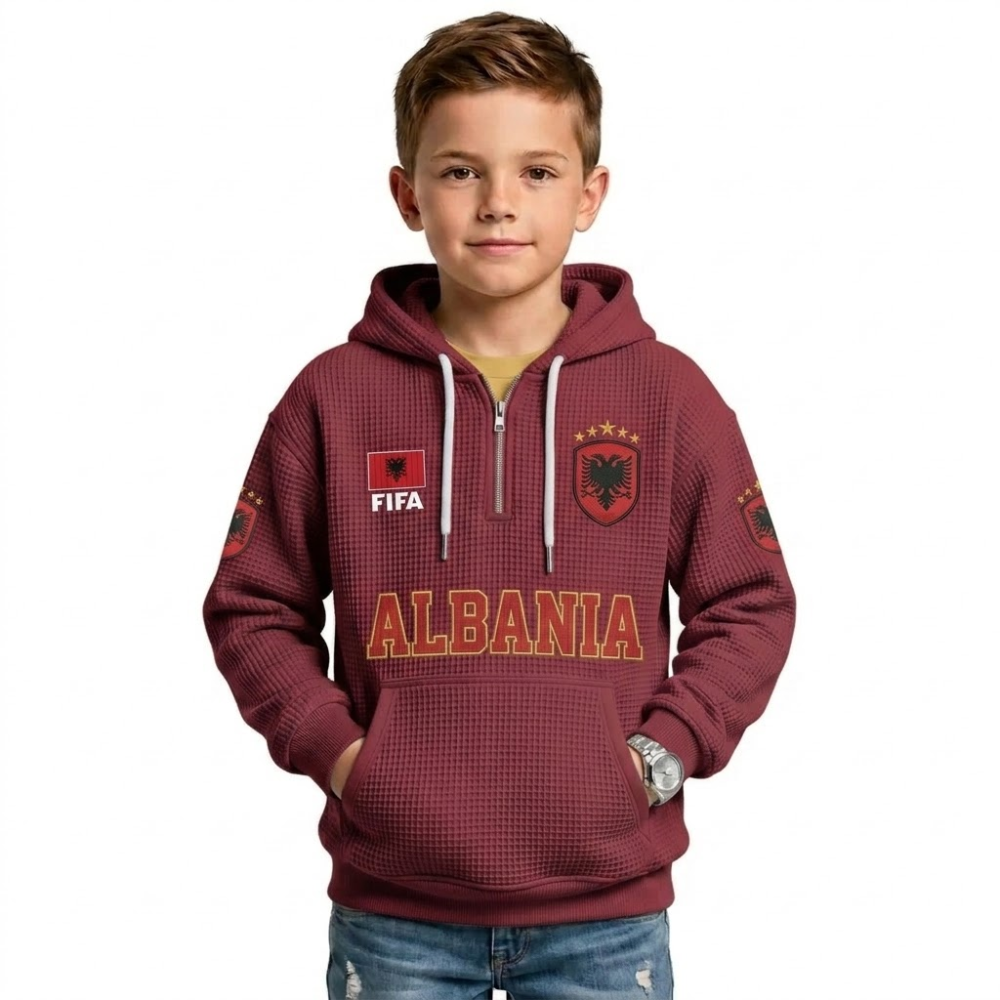 FIFA 2026 Albania Printed Waffle Quarter Zip Kids Football Fan Hoodie
