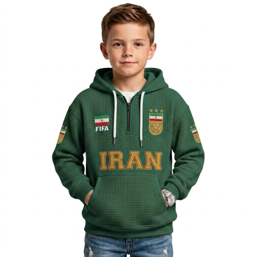 FIFA 2026 Iran Printed Waffle Quarter Zip Kids Football Fan Hoodie