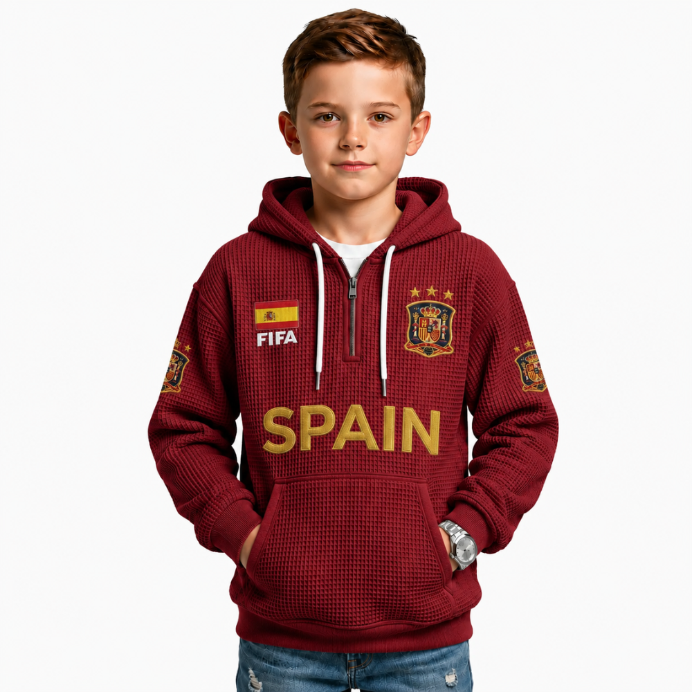 FIFA 2026 Spain Printed Waffle Quarter Zip Kids Football Fan Hoodie
