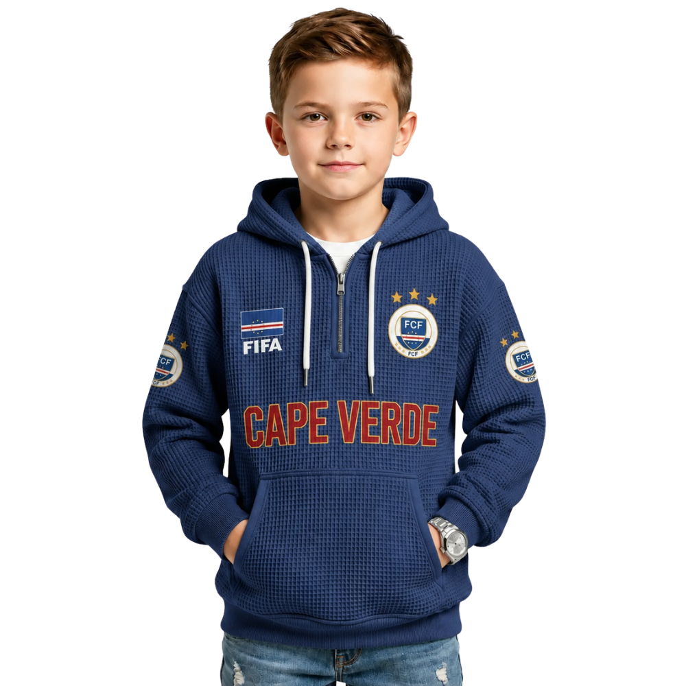 FIFA 2026 Cape Verde Printed Waffle Quarter Zip Kids Football Fan Hoodie