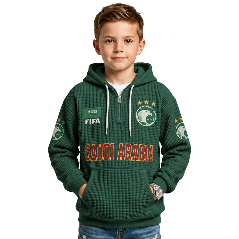 FIFA 2026 Saudi Arabia Printed Waffle Quarter Zip Kids Football Fan Hoodie
