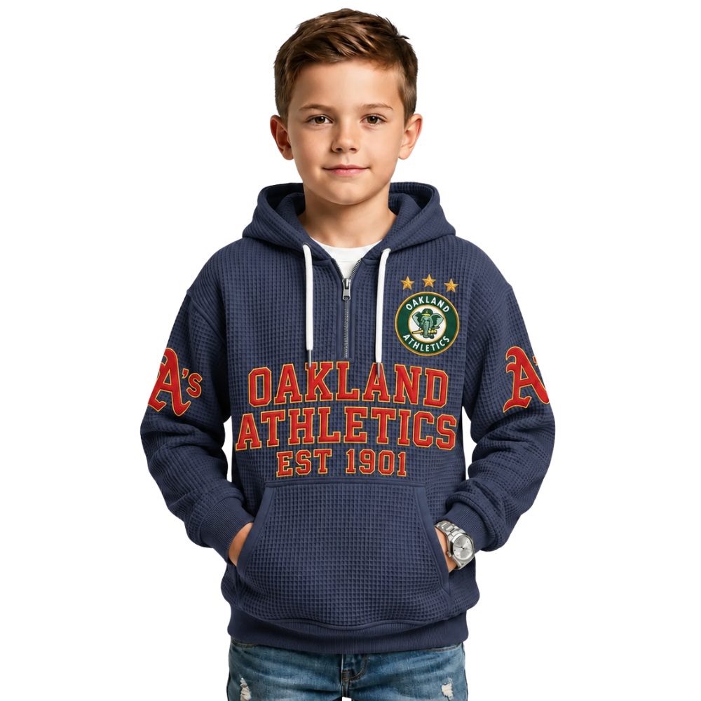 Oakland Athletics EST 1901 Kids Baseball Fan Printed Waffle Quarter Zip Hoodie