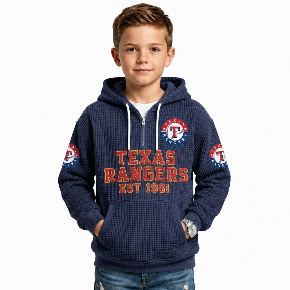 Texas Rangers EST 1961 Kids Baseball Fan Printed Waffle Quarter Zip Hoodie
