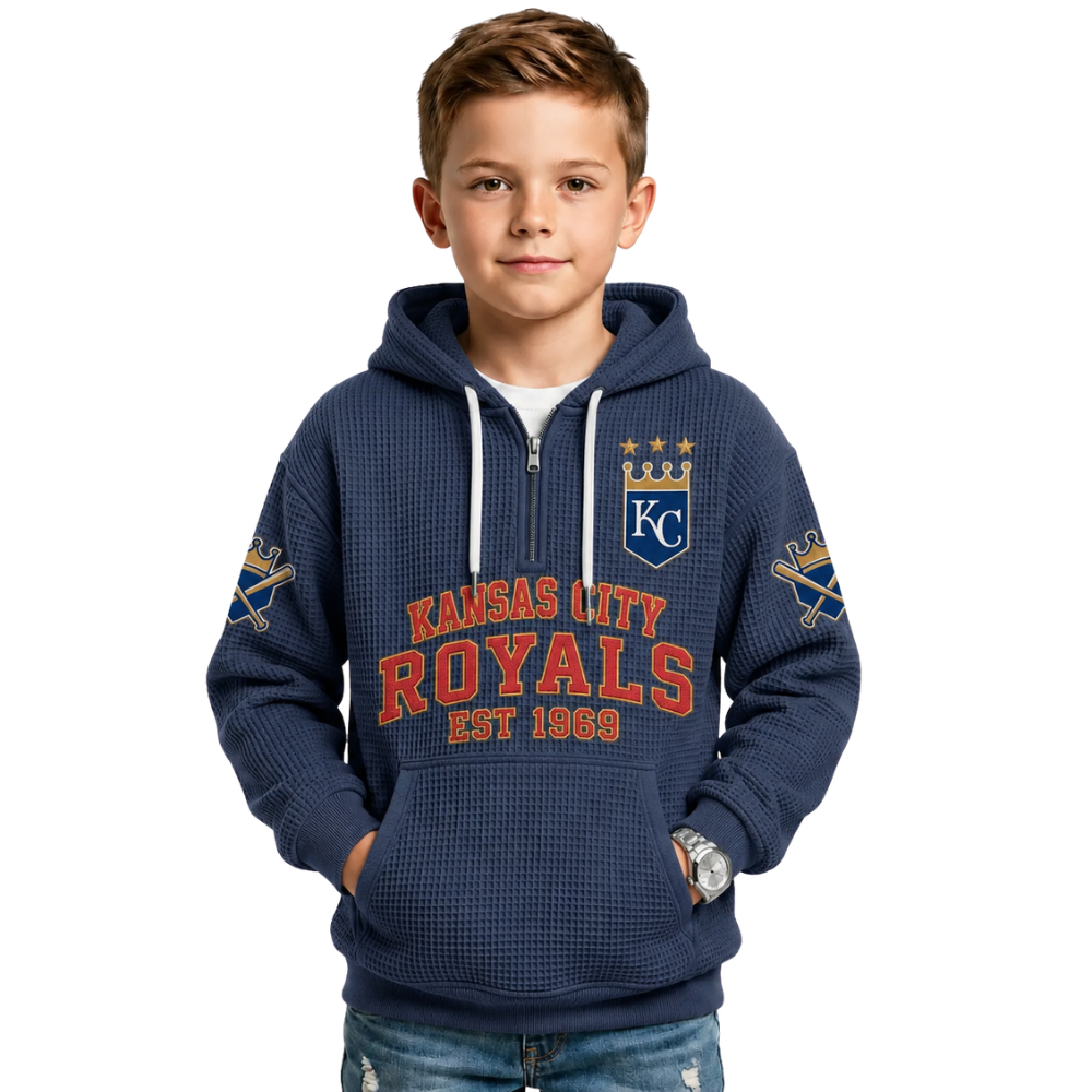 Kansas City Royals EST 1969 Kids Baseball Fan Printed Waffle Quarter Zip Hoodie