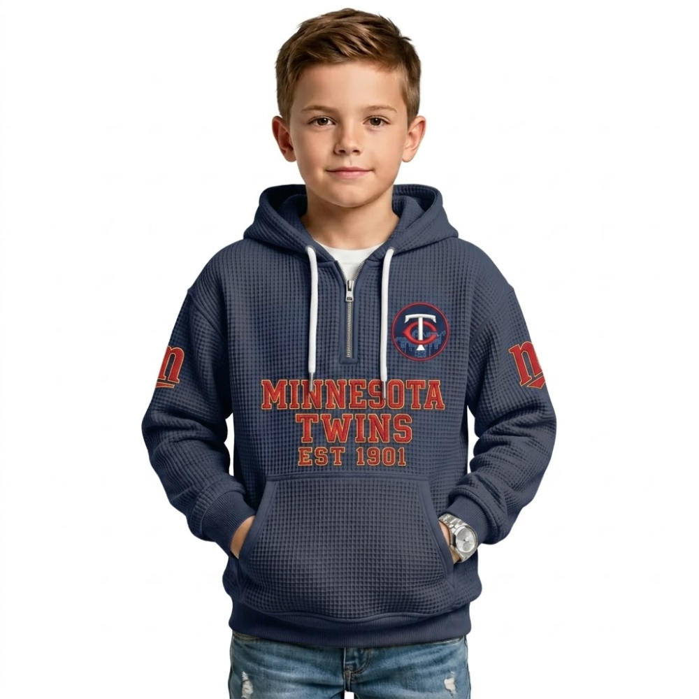 Minnesota Twins EST 1901 Kids Baseball Fan Printed Waffle Quarter Zip Hoodie