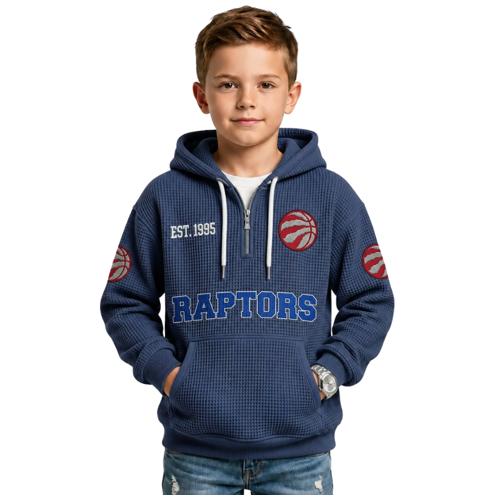 Toronto Raptors EST 1995 Kids Baseball Fan Printed Waffle Quarter Zip Hoodie