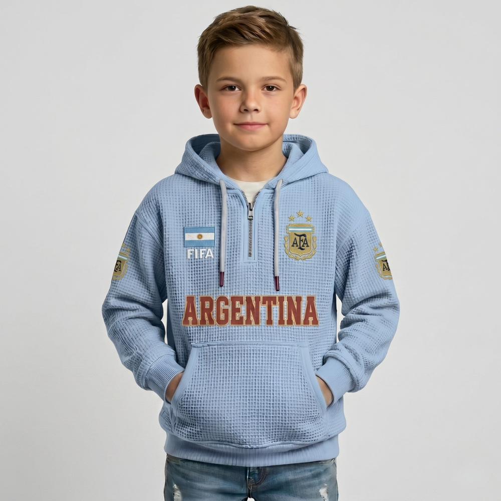 FIFA 2026 Argentina Printed Waffle Quarter Zip Kids Football Fan Hoodie