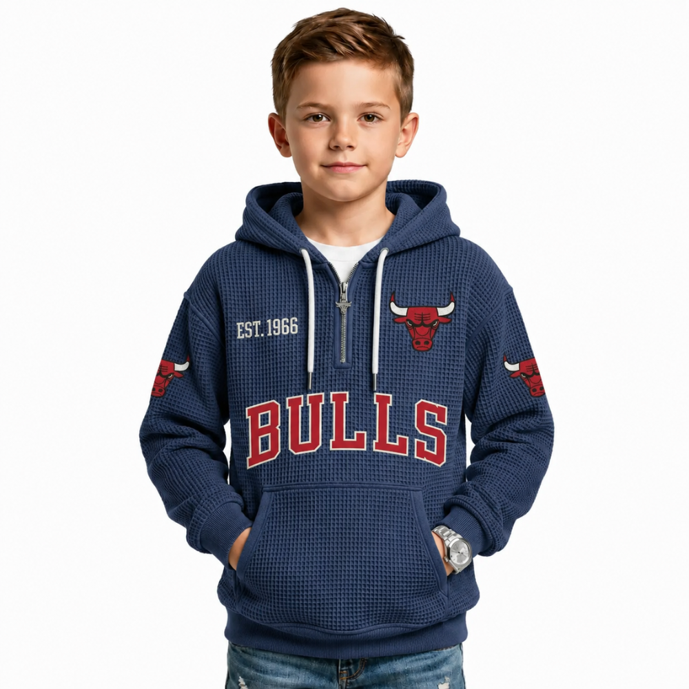 Chicago Bulls EST 1966 Kids Baseball Fan Printed Waffle Quarter Zip Hoodie