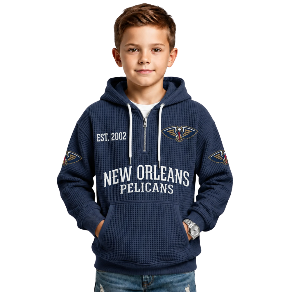 New Orleans Pelicans EST 2002 Kids Baseball Fan Printed Waffle Quarter Zip Hoodie
