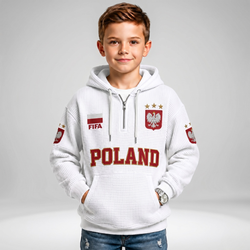 FIFA 2026 Poland Printed Waffle Quarter Zip Kids Football Fan Hoodie