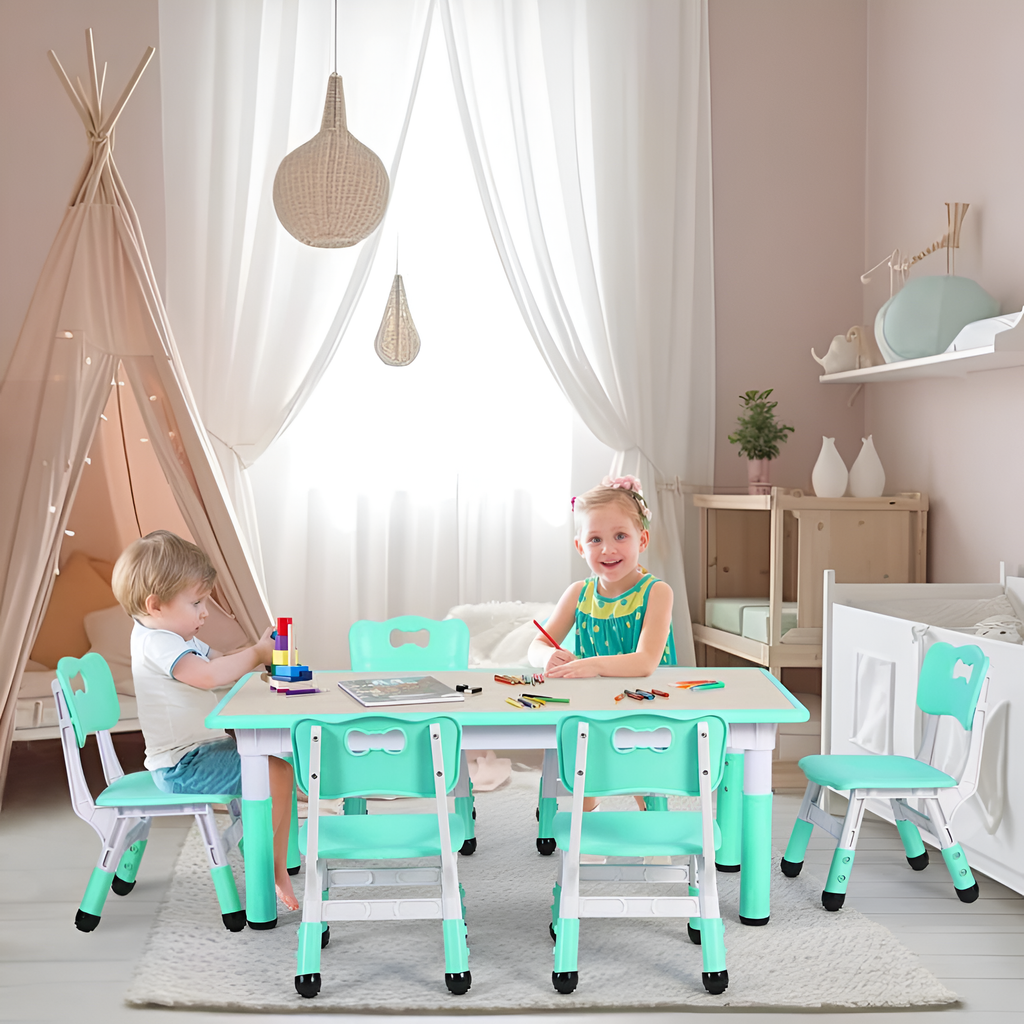 Kids Adjustable Table And 6 Chairs Set
