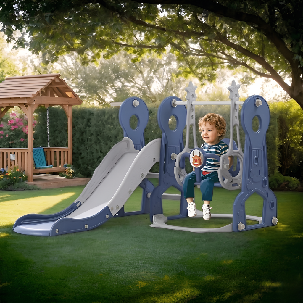 Kids 4 In 1 Swing And Slide Set With Basketball Hoop