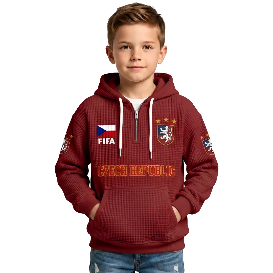 FIFA 2026 Czech Republic Printed Waffle Quarter Zip Kids Football Fan Hoodie